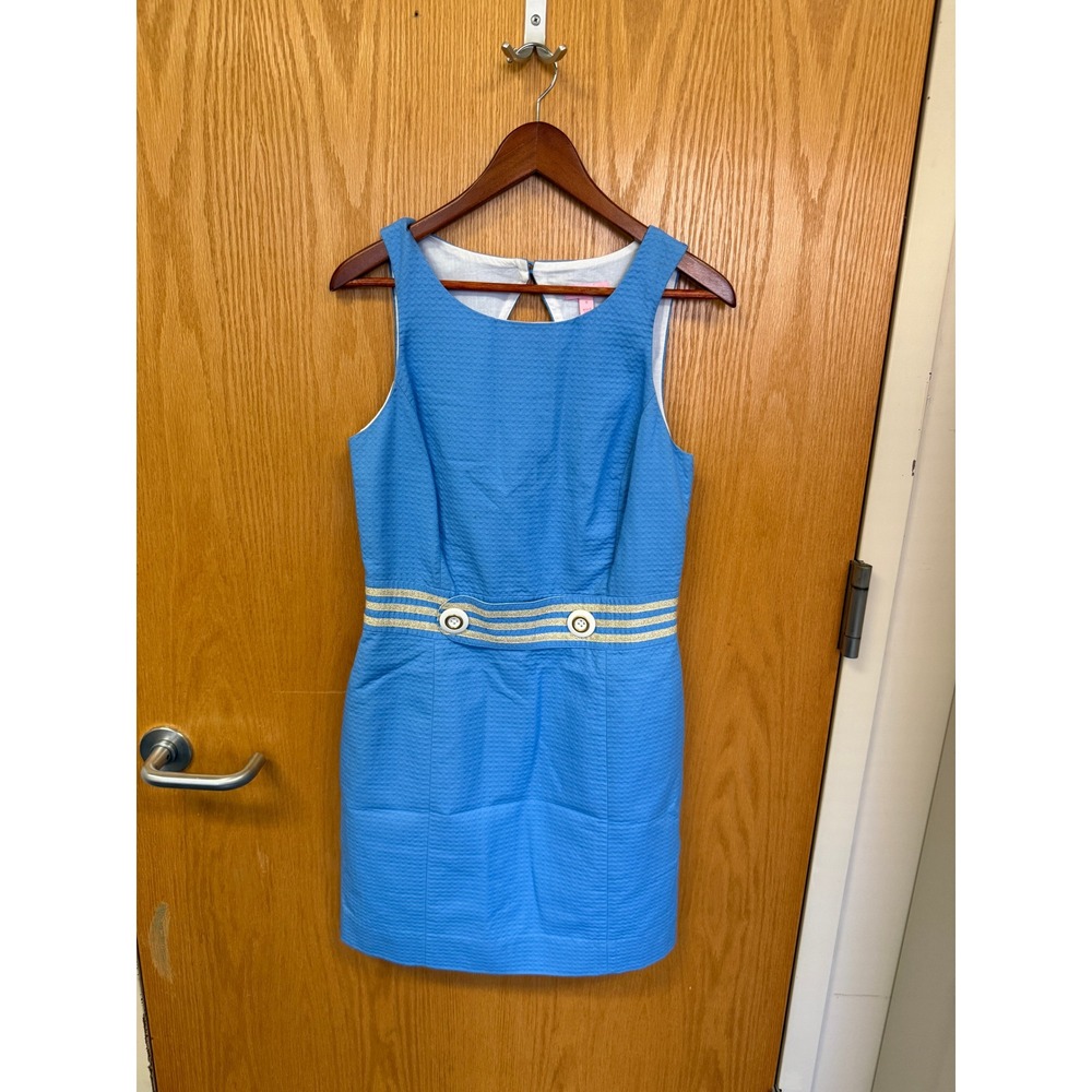 Lilly Pulitzer Blue Seersucker Shift Dress Gold Stripe Waist Keyhole Back Size 6